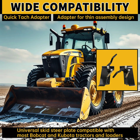 Universal Quick Tach Conversion Plate For Skid Steer And Tractor Attachments Weld On Bobtach Style Quick Attach Plate displayed on tractor