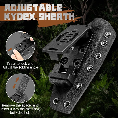 Adjustable Kydex sheath for Beast Of A Fixed Blade Knife With D2 Steel Blade Toothed Spine For Outdoor Duty No Slip Grip