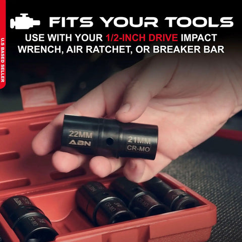 Hand holding 21/22mm socket from Double Sided Lug Nut Socket Set Five Piece Half Inch Drive Flip Impact Sockets Reversible Tools