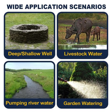 4 Inch Stainless Steel Submersible Well Pump For Septic Systems Bottom Suction With 33 Foot Cable Three Quarter HP 115V 60Hz 32 GPM 174 Foot Head Rugged Heavy Duty For Home And Industrial Use application scenarios for wells, livestock, rivers, and gardens