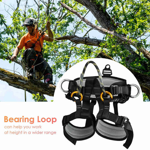 Heavy-Duty Climbing Harness Belt For Tree Climbing And Outdoor Rescue, Large Size Safety Belt with tree climber in background.