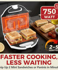 AshGlen White Ceramic Mini Panini Press Grill that Heats Fast For Two Sandwiches or Burgers At Once, with nonstick plates and quick cooking.