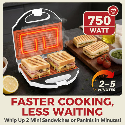 AshGlen White Ceramic Mini Panini Press Grill that Heats Fast For Two Sandwiches or Burgers At Once, with nonstick plates and quick cooking.