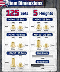 Item dimensions for Badass Gold Chicago Screws For Leather Projects 125 Rock Solid Matched Sets Of M5 Threaded Posts showing five heights.