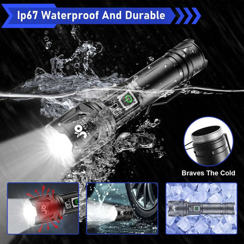 Beast Mode 100000 Lumen Flashlight With Zoom Beam in water, USB-C Rechargeable 5000mAh Battery, LCD, Weatherproof Outdoor Spotlight