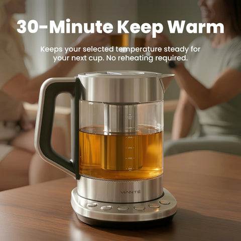Electric Tea Kettle With Infuser For Loose Leaf Tea No Plastic Touching Water Temperature Control Automatic Shut Off 1.5L Borosilicate Glass Hot Tea Maker on table