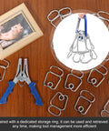 20 Pcs Solid Steel Miter Spring Clamps Kit With Ring Holder For Woodworking Trim, Crown Molding, And Picture Frames. Clamps and pliers on wood surface