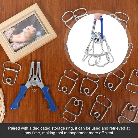20 Pcs Solid Steel Miter Spring Clamps Kit With Ring Holder For Woodworking Trim, Crown Molding, And Picture Frames. Clamps and pliers on wood surface