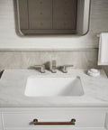 Roomy Rectangular Undermount Bathroom Sink With Overflow Drain Crafted From Hella Durable Vitreous China For An Easy Vanity Setup Bringing Straight Up White Finish And Really Smooth Daily Performance on marble countertop.