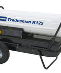 Heavy Duty Portable Torpedo Heater Cranking Out 125000 BTU Blasts Kerosene And Diesel Multi Fuel Warmth on a black wheeled base.