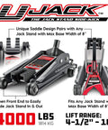 Side view of 2 Ton U Jack Garage Jack That Saves Time No Fuss With 3000 Lbs Load Capacity And Lift Range From Four And A Half Inch To Eighteen And Three Quarters Inch Unique Slotted Saddle For Quick Slide In Jack Stands On Unibody Cars In Your Home Garage.