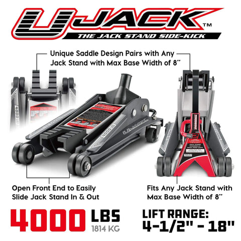 Side view of 2 Ton U Jack Garage Jack That Saves Time No Fuss With 3000 Lbs Load Capacity And Lift Range From Four And A Half Inch To Eighteen And Three Quarters Inch Unique Slotted Saddle For Quick Slide In Jack Stands On Unibody Cars In Your Home Garage.