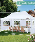 White 10x20 Pop Up Canopy With 6 Sidewalls for Parties and Outdoor Events, covering 200 sq ft, set up in a garden with chairs under it.
