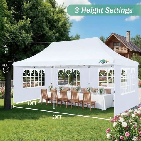 White 10x20 Pop Up Canopy With 6 Sidewalls for Parties and Outdoor Events, covering 200 sq ft, set up in a garden with chairs under it.