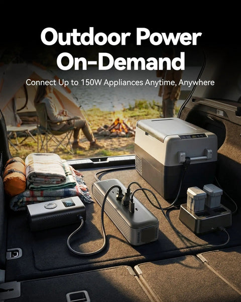 Snapped Into Your Cigarette Lighter This 150W Car Power Inverter Instantly Flips 12V Dc To 110V Ac With Three Sockets Quick Usb Charging And A Secured Port For Laptops Phones Tablets Gaming Consoles And Road Trips When You Need Steady Juice On The Road, showing multiple devices charging in a car.
