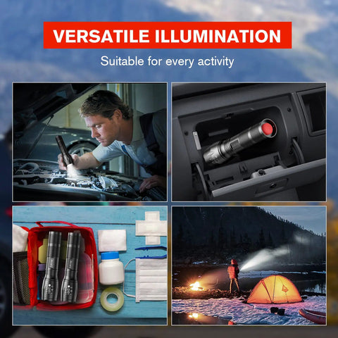Beast Mode LED Tactical Flashlight S2000 4 Pack used in car repair, stored in glove box, camping setup, and emergency kit.