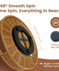Back view of Go To 12 Inch Rattan Lazy Susan Organizer Rotating Serving Tray With silicone grips and 360° rotation feature.