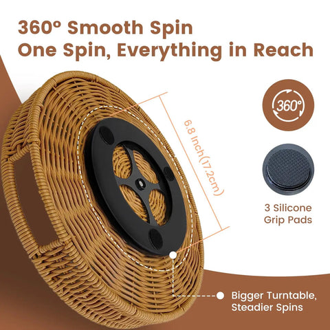 Back view of Go To 12 Inch Rattan Lazy Susan Organizer Rotating Serving Tray With silicone grips and 360° rotation feature.