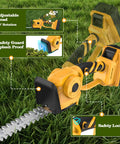 20V Cordless Hedge Trimmer With 2 In 1 Grass Shears, Battery Not Included, shown on grass with safety features and adjustable head.
