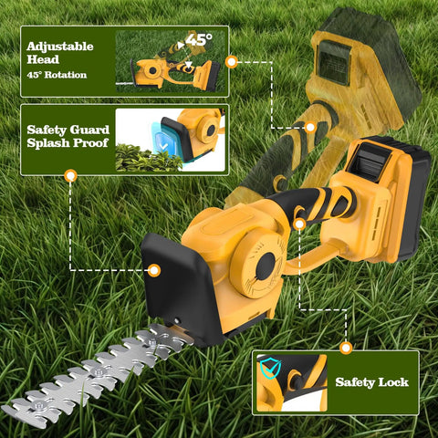 20V Cordless Hedge Trimmer With 2 In 1 Grass Shears, Battery Not Included, shown on grass with safety features and adjustable head.