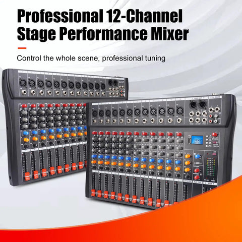 GX12 12 Channel Pro Mixer Console With USB Bluetooth MP3 Input And 48V Phantom Power for live events shown from front angle