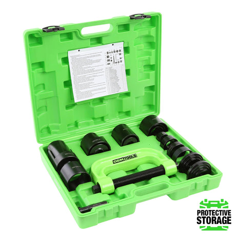 21 Piece Ball Joint Press Kit With Puller And U Joint Adapters For Upper And Lower Ball Joints Brake Pins And More Pro Grade Automotive Tool Set For 2 Wheel Drive And Four Wheel Drive Vehicles in green storage case