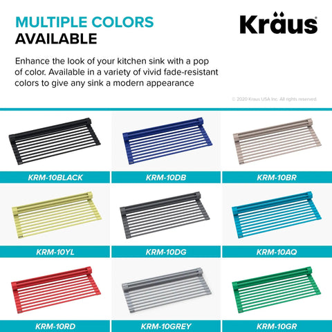 Nine color options of the Over Sink Roll Up Dish Drying Rack Multipurpose Colander And Trivet Black Finish Fits All Standard Sinks.