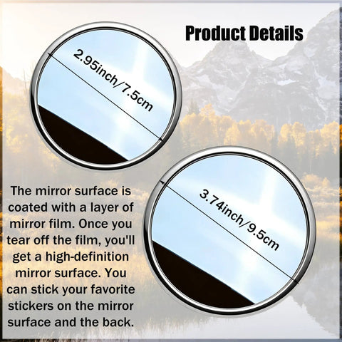 Close-up of 2 Handheld Convex Mirror Set Portable Shatter Resistant Lens showing sizes 7.5cm and 9.5cm for wide angle photos.