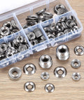 Front view: stainless steel cup countersunk finish washers, 300-piece set in clear plastic organizer