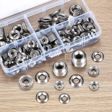 Front view: stainless steel cup countersunk finish washers, 300-piece set in clear plastic organizer