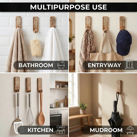 Top Tier Boho Wood Peel And Stick Wall Hooks Featuring A Seriously Strong Adhesive Grip for towels, bags, and kitchen utensils.
