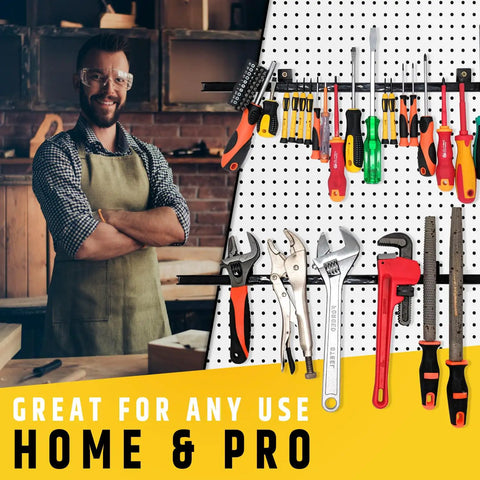 24 Inch Heavy Duty Magnetic Tool Holder with extra strength magnets organizing tools in a workshop setting with person in apron