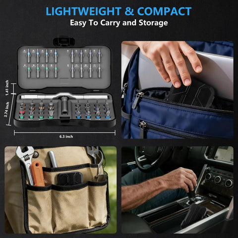 Open 50 In 1 Ratchet Screwdriver Set With Magnetic Bits And Compact Case Portable Do It All Tool Kit shown in use and carrying