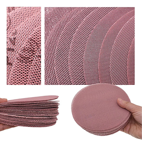 Super Cool 5 inch Mesh Sanding Discs With Hook And Loop Backing, 240 Grit Fine Aluminum Oxide For Wood and Metal Project Dust Free Set of 50 stacked and held