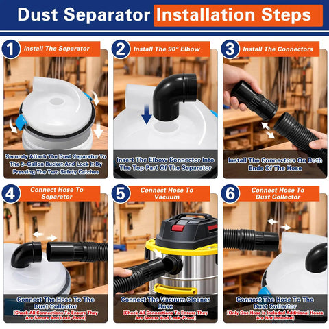 Step-by-step installation of High Efficiency Cyclone Dust Separator for 5 Gallon Buckets with wet and dry debris pickup setup