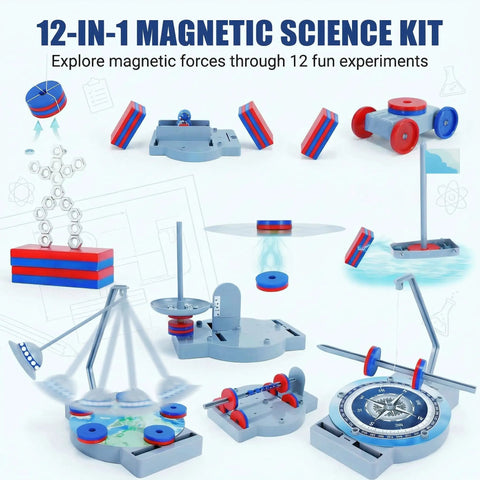 12 In 1 Magnetic Science Kit For Kids Hands On Physics Experiments - various magnetic experiments displayed