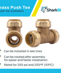 Three Quarter Inch Brass Push to Connect Tee Plumbing Fitting Six Pack Ideal for Quick Joins in Tight Spaces Works with PEX Copper CPVC PERT HDPE Model U370LF. Brass tee with push-to-connect features on display.
