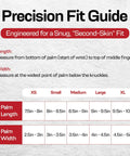 Precision fit guide for gloves showing measurements for palm length and width from XS to XL sizes.