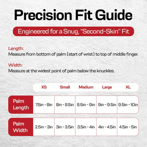 Precision fit guide for gloves showing measurements for palm length and width from XS to XL sizes.