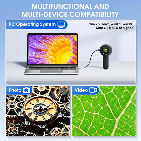 Handheld Digital Microscope With Light 100X Fixed Focus, 2 Inch LCD Screen, LED Illumination connected to laptop for photo and video use