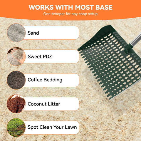 2-In-1 Chicken Coop Poop Scooper And Rake With 13-Inch Wider PP Head on sand, showcasing versatile bedding options.