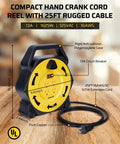 Retractable 25 Feet Extension Cord Reel With 4 Grounded Outlets And 13 Amp Breaker, 16/3 SJTW Cord, Weather Resistant, UL Listed