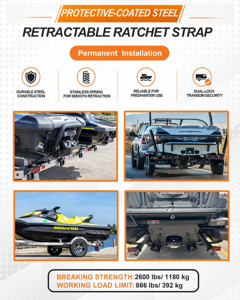 Beefy Heavy Duty Retractable Ratchet Straps 2 Pack For Boat And Trailer Tie Downs With Safety Latch S Hooks in use on trailers