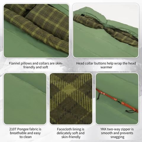 Close-up of Double Wide Flannel Sleeping Bag For Two With Pillows showing soft flannel design, easy foot zipper, 220x160 cm size