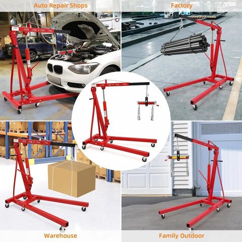 Badass Heavy Duty Folding Hydraulic Engine Hoist Cherry Picker Shop Crane Two Ton Lifter in various settings for repair and loading.