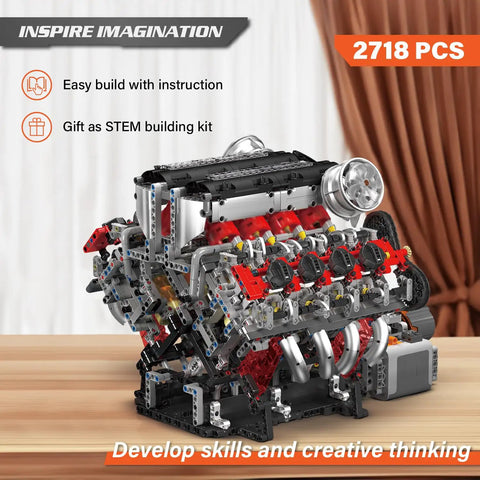 DIY Mini V8 Engine Model Kit With 2718 Pieces, Functional Engine Build for Teens and Adults, STEM Learning Set That Feels Like Real Gearhead Play, Educational Hobby Gift for Curious Makers, assembled V8 model on table