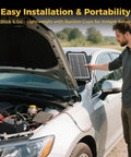 Man installing 12V Solar Battery Charger Kit with 10W Waterproof Panel on car hood for easy maintenance and portability.