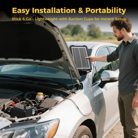 Man installing 12V Solar Battery Charger Kit with 10W Waterproof Panel on car hood for easy maintenance and portability.