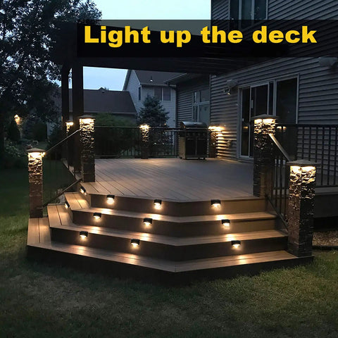 Solar Deck Lights Outdoor 16 Pack Lit Warm White LED Step Lights on deck stairs and railing; waterproof patio decor