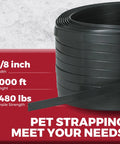 Heavy Duty Black PET Strapping Kit With Tensioner And Cutter, 5/8 Inch X 1000 Feet, showing length and tensile strength.